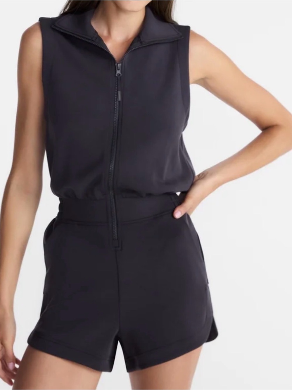 The Avia Women's Scuba Romper Sleeveless Black Zip-Front Romper